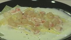 Lasagnette con gamberi gorgonzola e pere marsala
